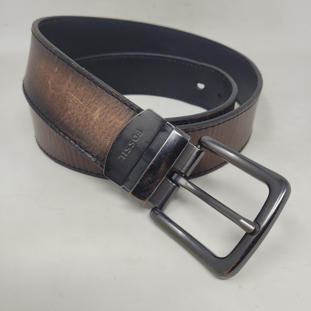 Fossil Belt 36 Brown Leather Distressed Reversible Gunmetal Buckle Industrial